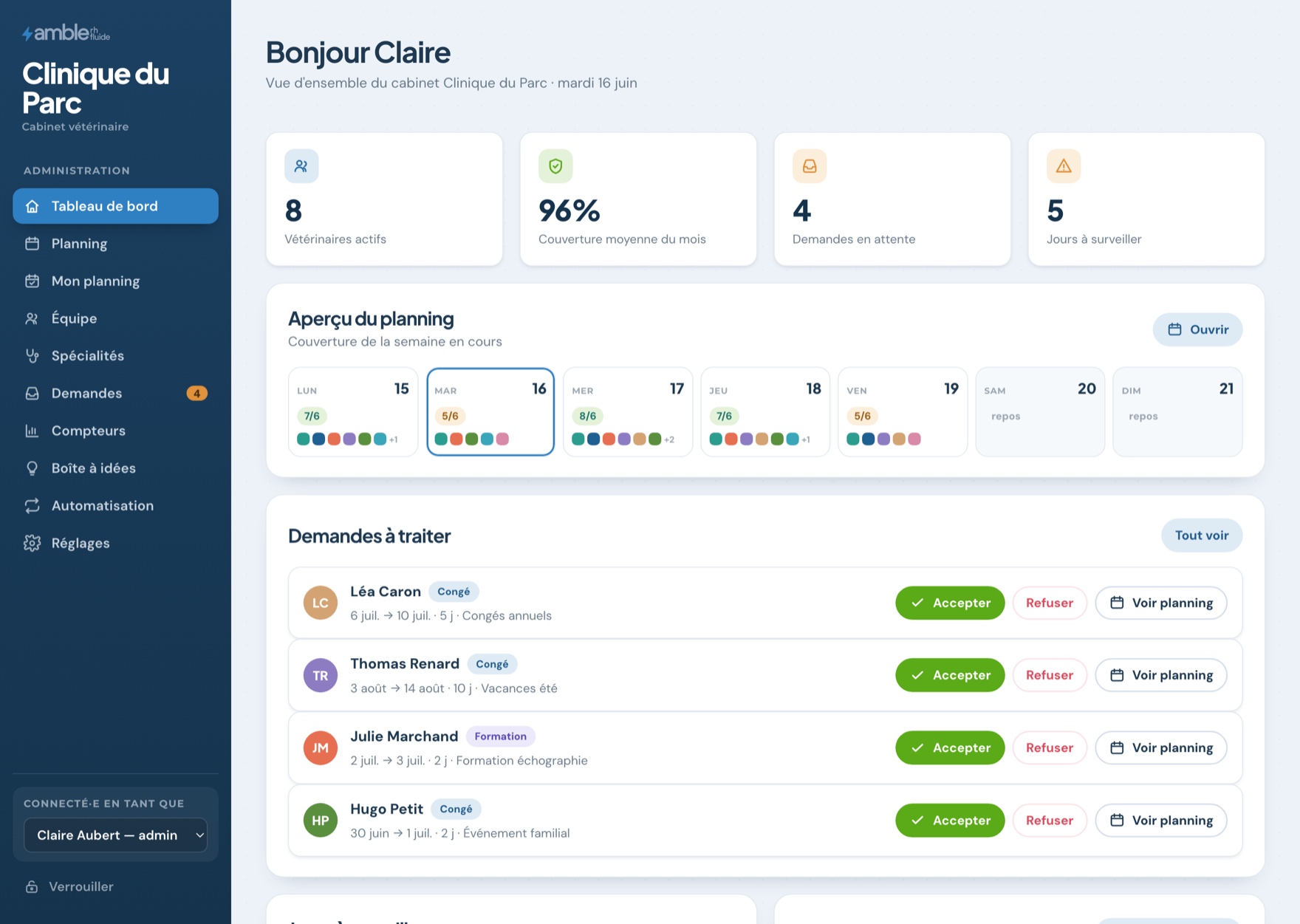 Tableau de bord veteam : couverture, demandes à traiter, annonces de la direction