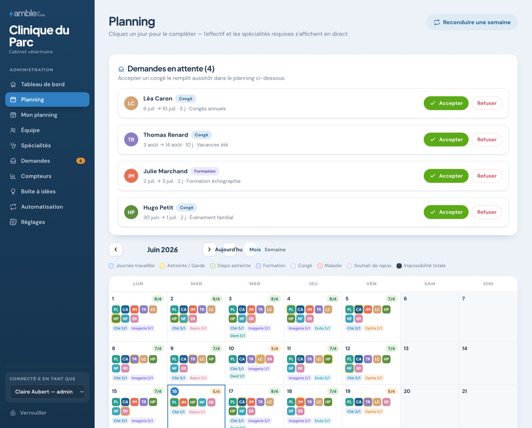 Planning mensuel veteam avec couverture par spécialité