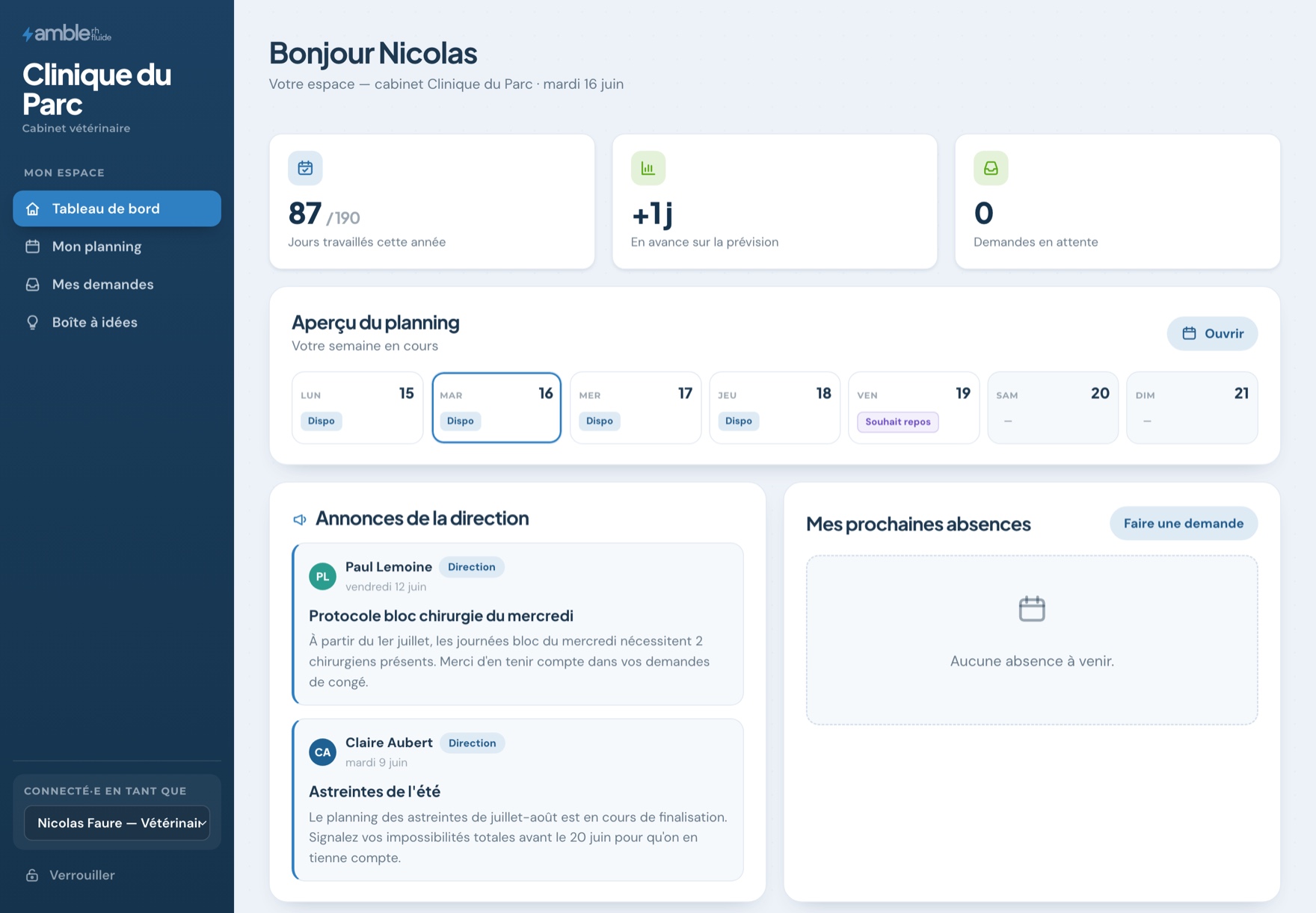 Espace vétérinaire : compteur personnel, demandes, annonces
