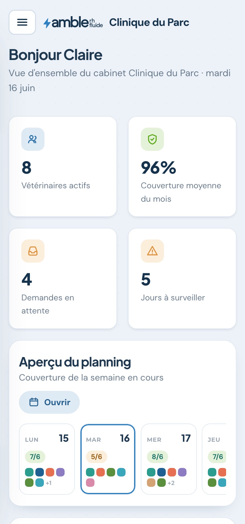 veteam sur mobile : tableau de bord de l'équipe